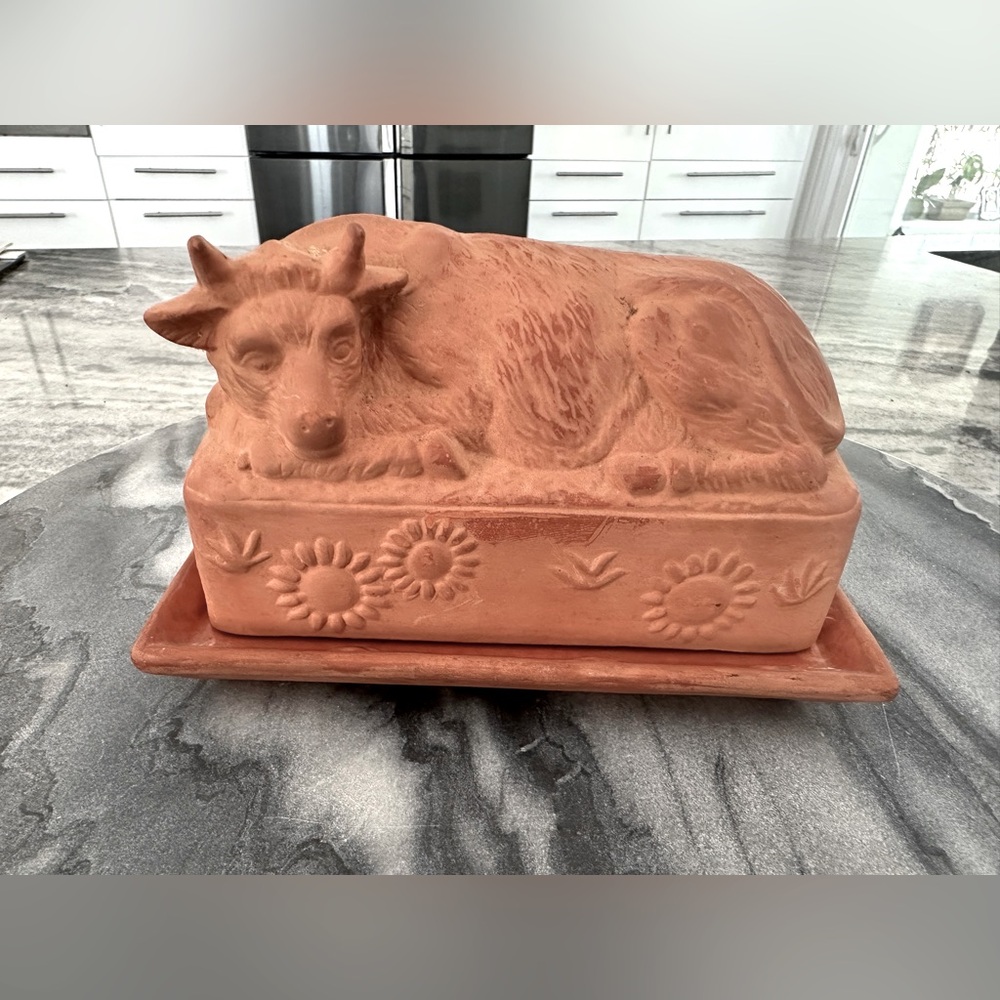 Terracotta Cow Butter Dish with Tray - Rustic Home Dining